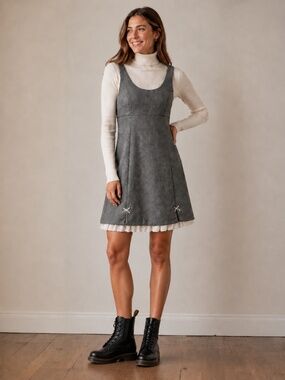 Grey mini dress M bows frills coquette girlhood core Band crush A line baby doll